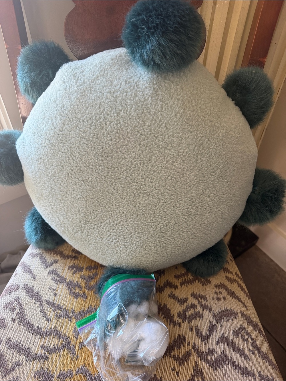 Anthropologie Lila Pillow - Mint Plush Pom-Pom Throw Pillow - Dark Green Accents